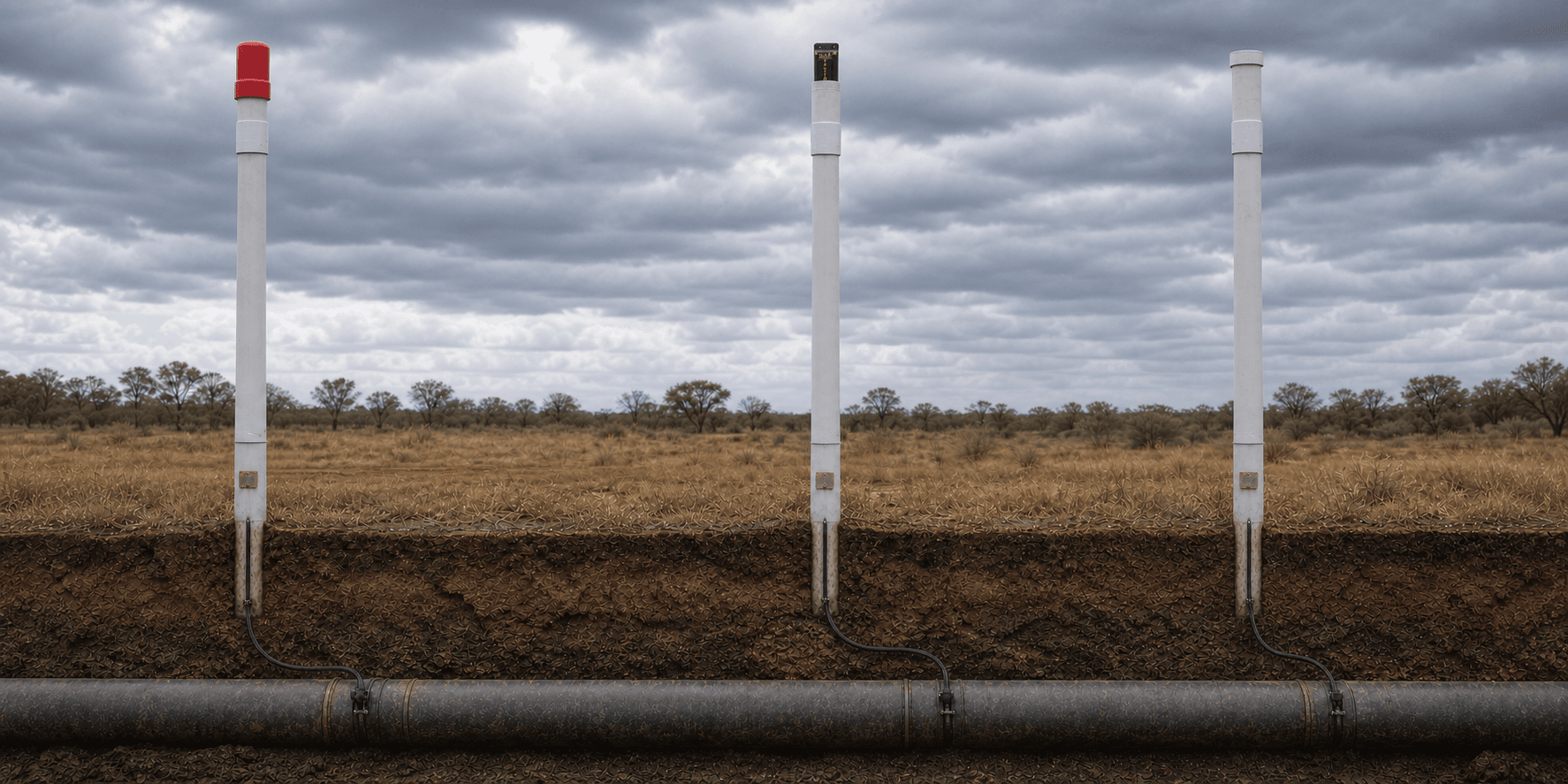 CI-Tx hardware mounted on field test-point poles with cables connected to a buried pipeline